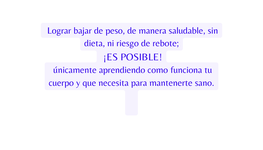 Lograr bajar de peso de manera saludable sin dieta ni riesgo de rebote ES POSIBLE únicamente aprendiendo como funciona tu cuerpo y que necesita para mantenerte sano
